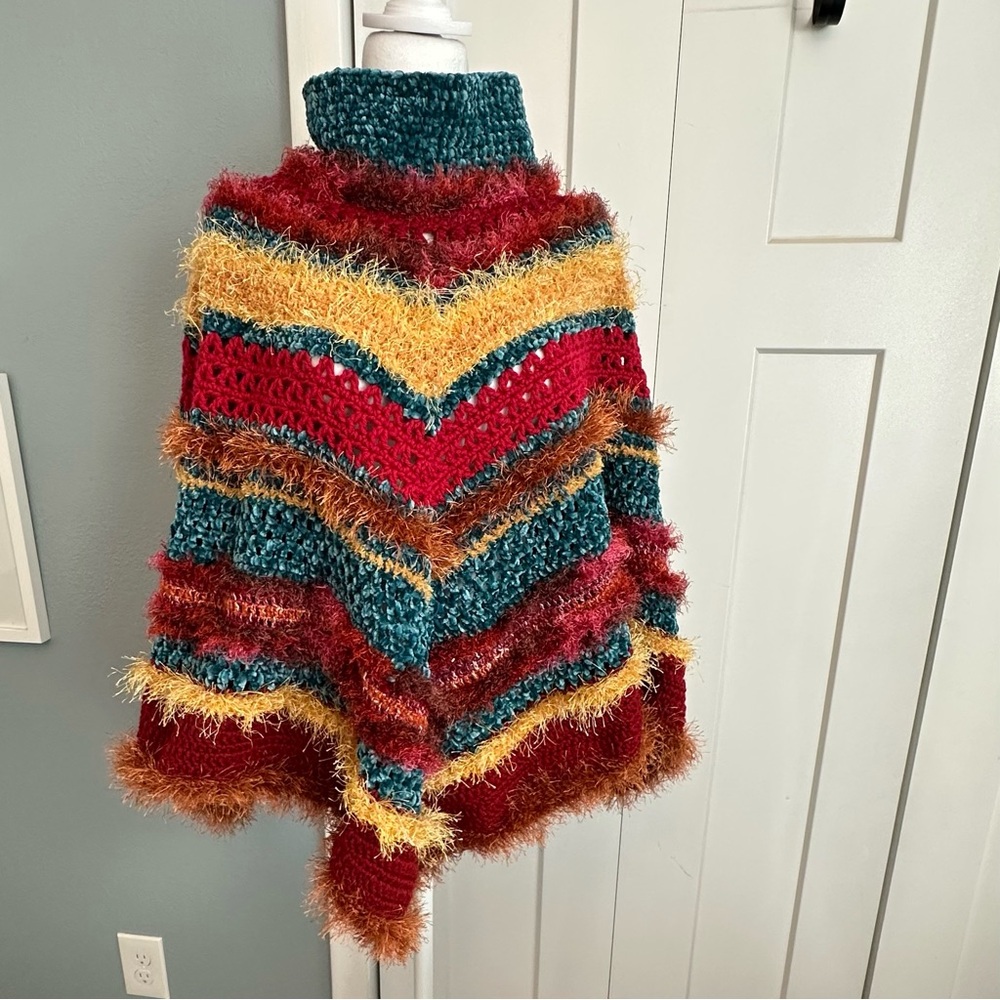 Vibrant Handmade Multicolor Chevron Crochet Poncho One Size nwot